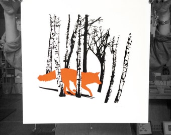 Fox Art Print, Wolf Art Print of Running FOX / WOLF birch woods Poster, home decor, hand printed wall art, modern home decor, woodland art