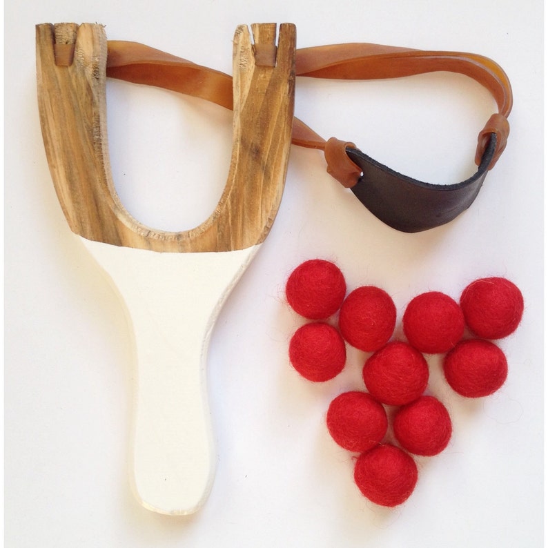 Red Wooden Slingshot toy with felt ball ammo Wooden Slingshot Etsy