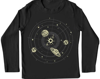 SALE Kids Solar System t-Shirt, Glow in the Dark shirt, black and silver stars and planets, space and science tshirt, rad awesome kid gift