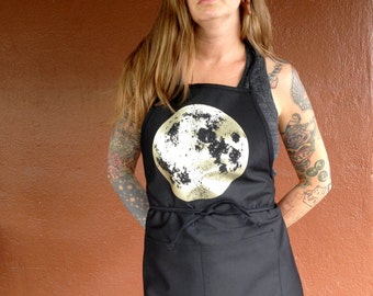 Black Moon Apron, Unique Space Kitchen Apron, Full Moon Apron, Cooking Apron, Chef Apron, Baking Apron, Barista Apron, Gold Moon Gift