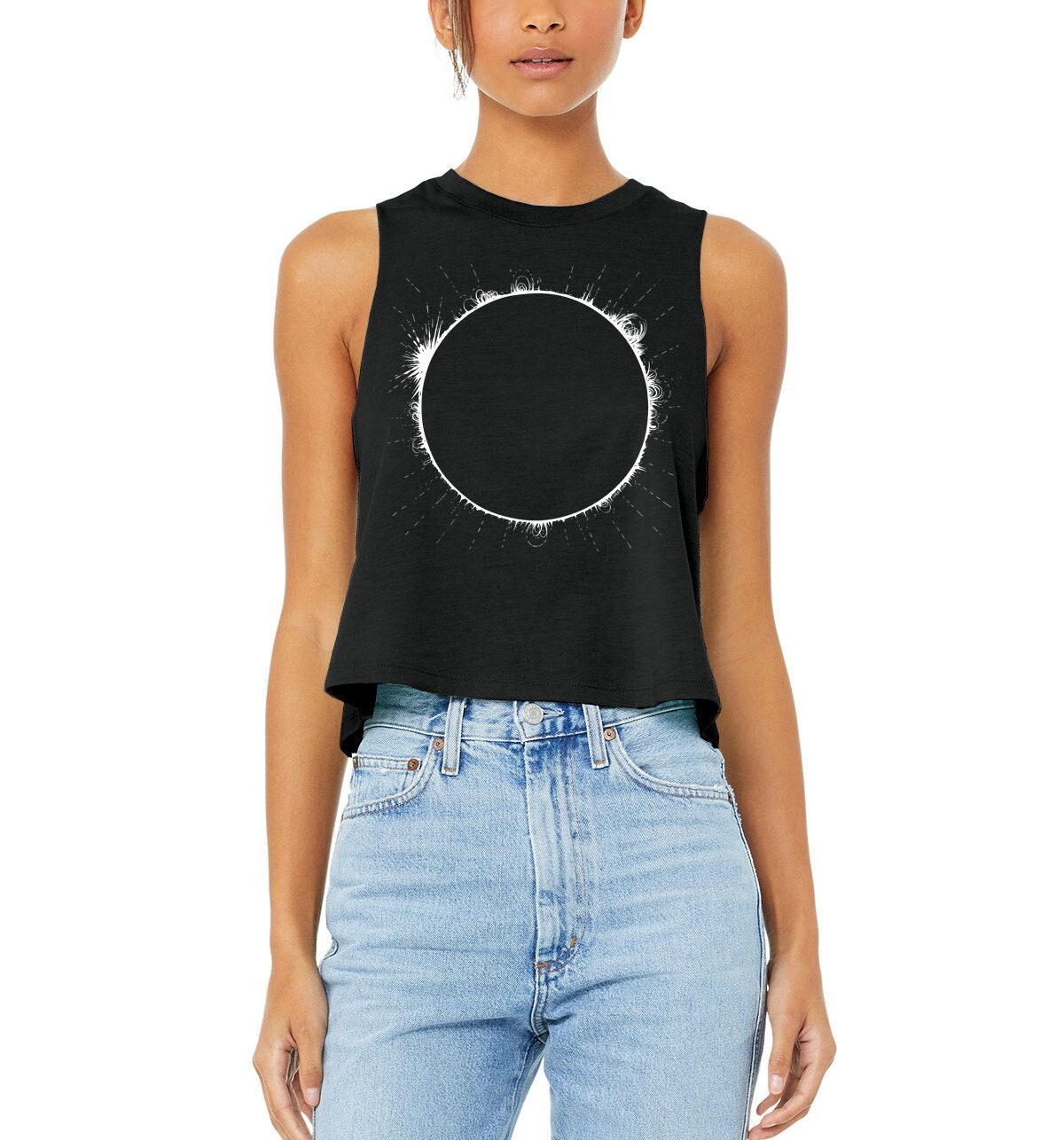 Total Solar Eclipse Racerback Cropped Tank Top, Women's Black Space Eclipse t-shirt, Summer Festival Tank, yoga clothing
