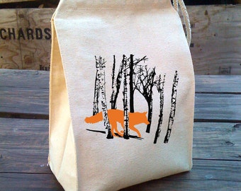 Lunch Bag, Fox lunch bag, Fox Lunch Box, kids Woodland WOLF gift, Cloth lunch bags, reusable washable lunch bags, Cotton Canvas Lunch Bag