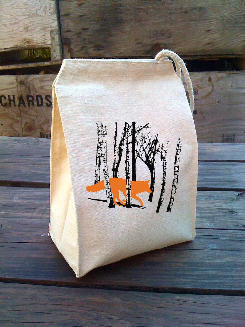 Lunch Bag, Fox lunch bag, Fox Lunch Box, kids Woodland WOLF gift, Cloth lunch bags, reusable washable lunch bags, Cotton Canvas Lunch Bag image 1