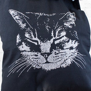Glitter Cat tote bag, Silver Gold Cat Black Tote bag, Cat gift tote, Meow Cat tote with metallic glitter ink, gift for crazy cat lady image 5