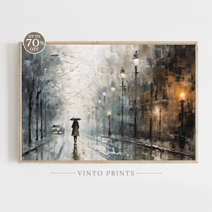 Printable Vintage Rainy City Painting | Vintage City Print | Antique City Wall Art | Rustic Home Decor | Instant Download | Wall Art | H238