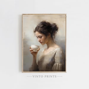 Vintage Portrait Wall Art | Lady Drinking Tea Art | Vintage Print | Antique Portrait Wall Art | Rustic Home Decor | Instant Download | V235