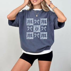 Floral Mom T-Shirt, Mother&#39;s Day Gift, Toile De Jouy Sweatshirt, Mama Crewneck, New Mom, Chinoiserie Coquette Bow Shirt, Blue Ribbon Sweater