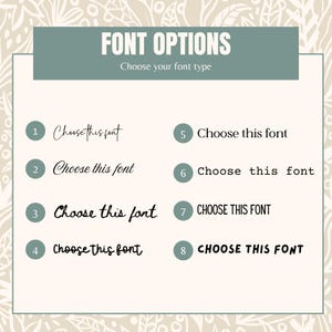 May include: A teal-colored graphic with the text "FONT OPTIONS" and "Choose your font type." Below are eight font options, each labeled with a number and the phrase "Choose this font" in various styles. The background has a beige floral pattern.