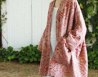 Pink Floral Cotton Linen Jacket : Hand-Printed Oversized Kimono Cardigan