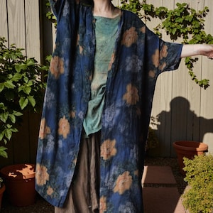 Hand Printed Blue Floral Linen Robe, Long Lightweight Summer Cardigan, Relaxed Bohemian Beach Cover Up, Cotton Loose Vacation Kimono Jacket
