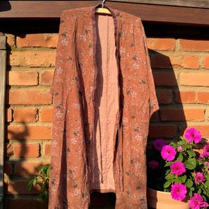 Hand Printed Floral Cotton Linen Robe, Long Length Lightweight Summer Cardigan, Loose Bohemian Beach Cover Up, Custom Vacation Kimono Jacket