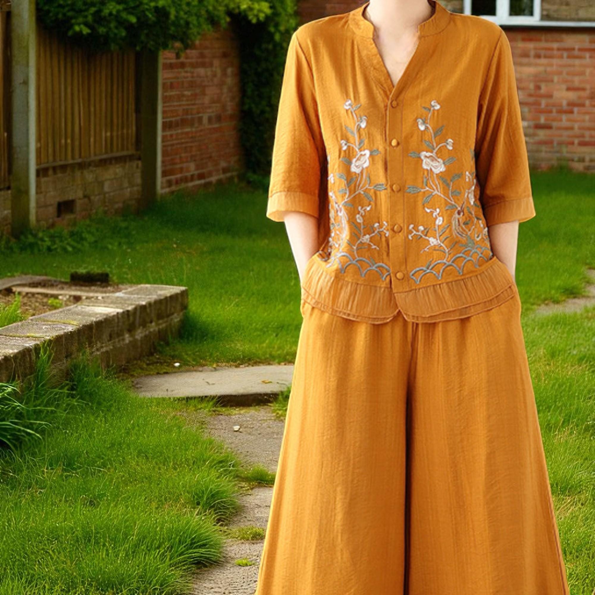 Linen Embroidered Floral Top + Trousers Matching Set, Lightweight Summer Cotton Set, Boho Beach Two-Piece Set, Women Wide Elastic Trousers