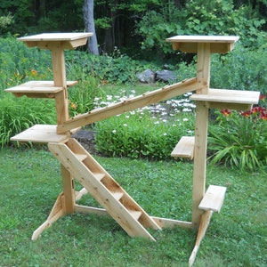 Large Outdoor Cedar Cat Jungle Gym Playset has many perch platforms, a ramp and stairs,