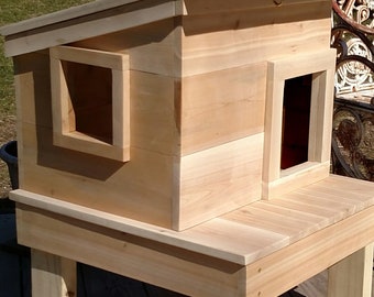 Insulated Cedar Outdoor Cat House, with Door, Window, Front Porch