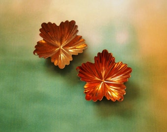 Può includere: Due decorazioni metalliche a forma di fiore di colore rame con una superficie testurizzata. Le decorazioni hanno la forma di una stella a cinque punte.
