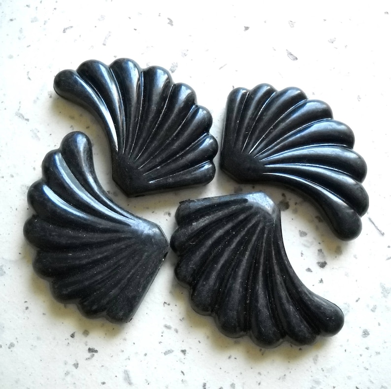 Unique Black Fan Shaped Bead, Large Vintage Black Fan Leaf Beads, Leaf