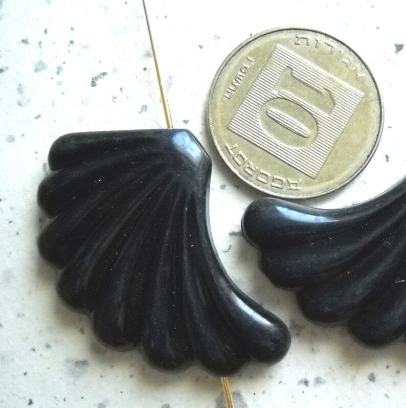 Unique Black Fan Shaped Bead, Large Vintage Black Fan Leaf Beads, Leaf