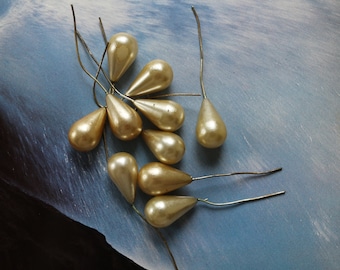 Large Pearl Pins, Pearl Drop Pins, Long Pearl Pins, Glass Teardrop Pins, Pearl Tipped Pins, Vintage Glass Head Pendants, Vintage Pearl, 10
