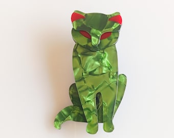 Broche de gato verde jaspeado: broche de acrílico retro con forma de animal