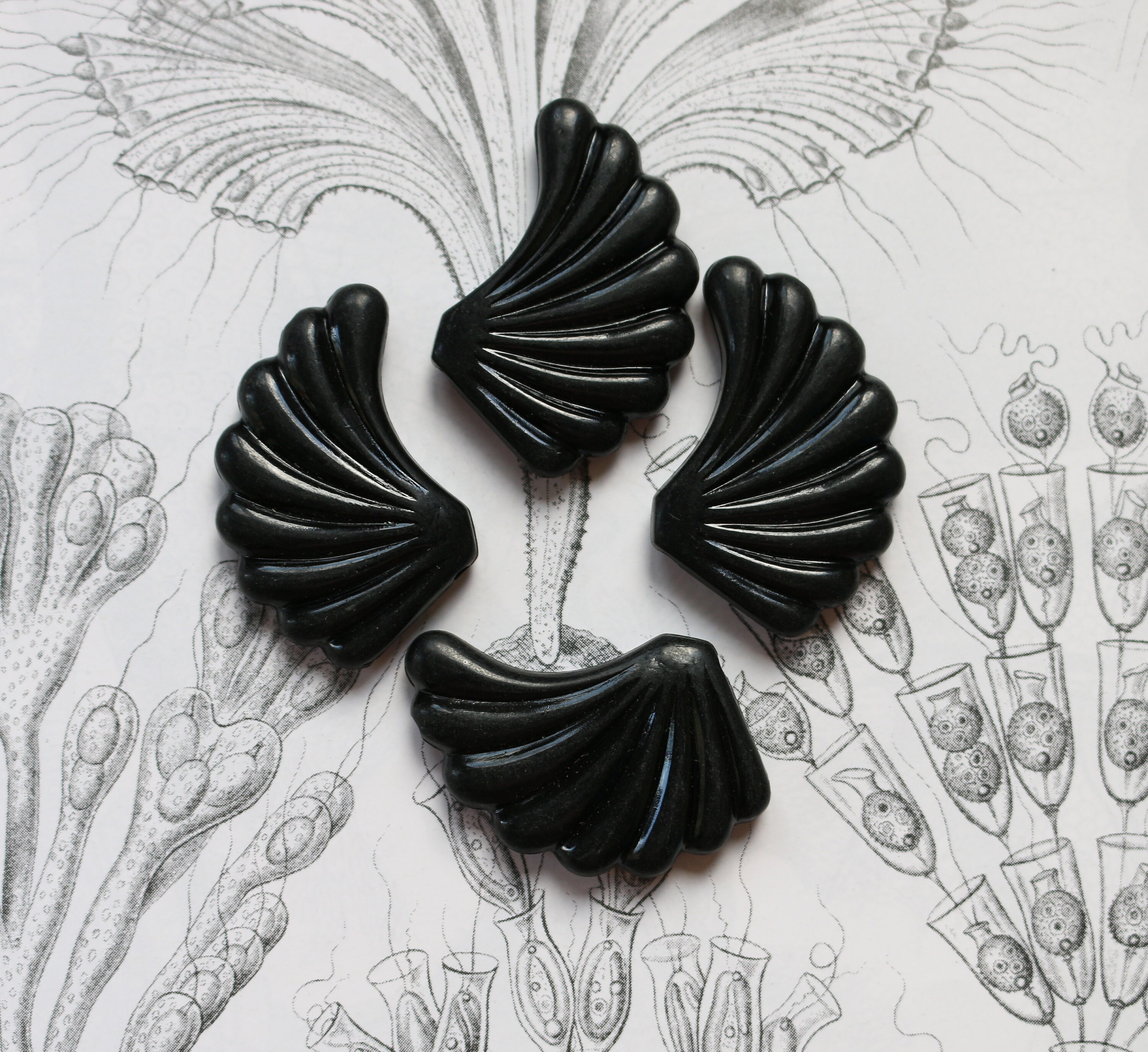 Unique Black Fan Shaped Bead, Large Vintage Black Fan Leaf Beads, Leaf