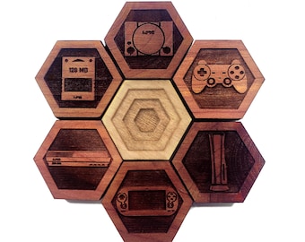 GAMER SET 02: Hartholz Magnet Set - Hexagone - Gamer Dekor - Nerdige Geschenke