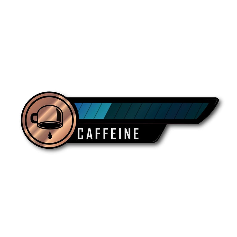 May include: A copper-colored badge with a coffee cup icon and the word "CAFFEINE" in white. The badge has a blue and black bar, suggesting a caffeine level indicator. The design is on a white background.