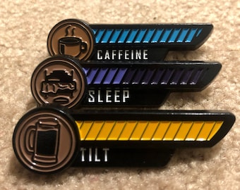 Cafeïne/Sleep/Fucks Meter Pins - Funny Video Game Pins - Dungeon Master Nerdy Gifts