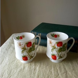 Matching Pair of Vintage English Bone China Milk White Mugs with Strawberry Pattern
