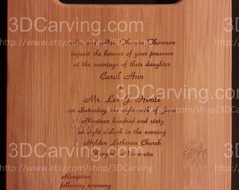 Laser Engraved Wedding Invitation on Bamboo Cutting Board (11 x 8.5)