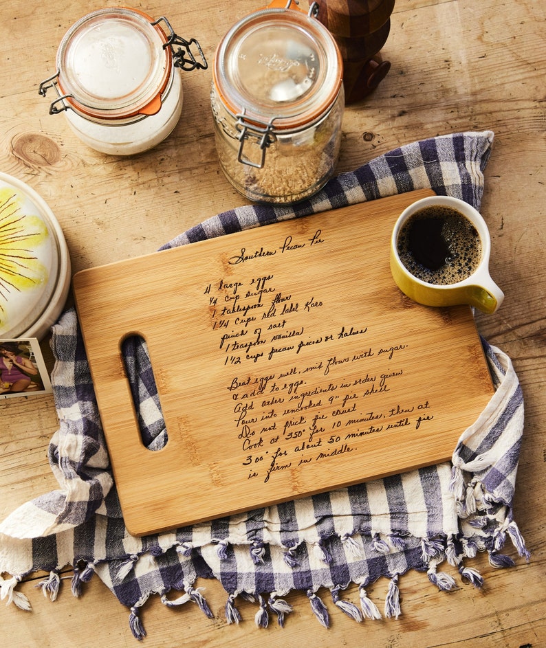 Family recipe engraved on a wood cutting board.