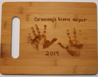 Personalized Bamboo Cutting Board: Engraved Handprint Gift for Mom
