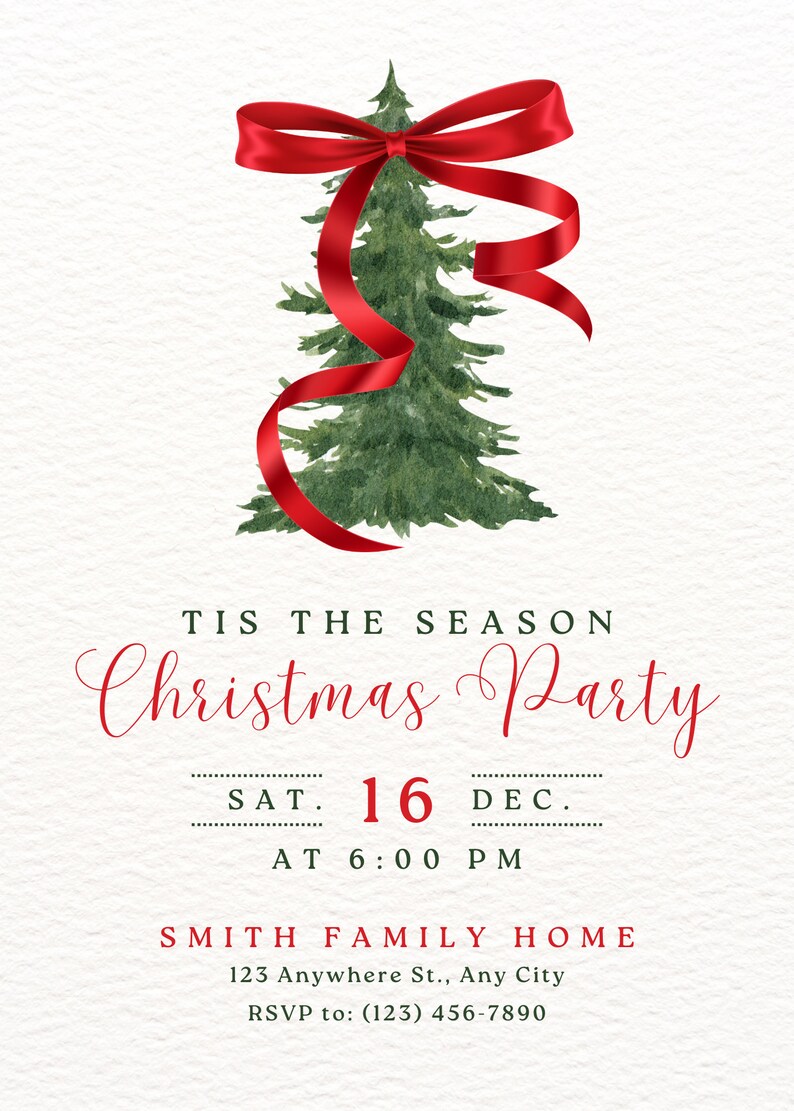 Bow Christmas Tree Holiday Party Digital Invitation Etsy