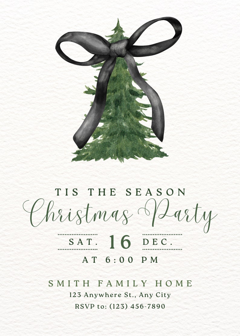 Bow Christmas Tree Holiday Party Digital Invitation Etsy