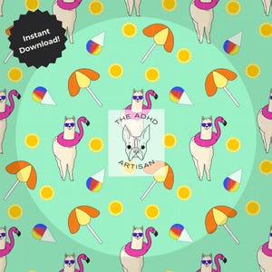May include: A seamless pattern featuring llamas wearing sunglasses and inflatable flamingo rings, along with beach umbrellas, popsicles, and sun icons on a turquoise background. The text "THE ADHD ARTISAN" is in a white circle.