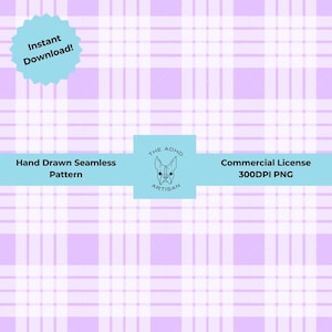 May include: A seamless pattern in shades of lavender and white, featuring a plaid design. The image includes text that reads "Instant Download!", "Hand Drawn Seamless Pattern", and "Commercial License 300DPI PNG". A logo with a dog is also present.
