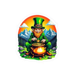 May include: A cartoon illustration of a leprechaun wearing a green hat and holding a pot of gold. The leprechaun is sitting on a rock in a forest setting.