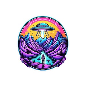 UFO Hiking Vinyl Sticker - Outdoor Adventure Decal, Space Exploration Laptop Sticker, Sci-Fi Car Decal, Alien UFO Bumper Sticker, Camping