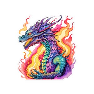 Puede incluir: Un dragón vibrante de color morado y verde con un fondo naranja y rosa fuego. El dragón sostiene una bola de fuego en sus garras.