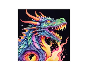 May include: A colourful illustration of a dragon's head with a fiery mane. The dragon is depicted in shades of blue, green, purple, and orange, with a black background.