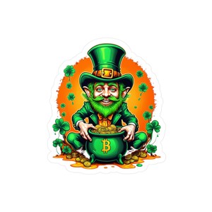 Adesivo in vinile Bitcoin Leprechaun Pot of Gold, decalcomania per criptovaluta, fortuna degli irlandesi, decorazione per il giorno di San Patrizio, decalcomania per laptop a forma di trifoglio, irlandese