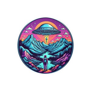 Hiker Alien Mountain Vinyl Sticker - Outdoor Adventure Laptop Decal, Trail Explorer Car Window Sticker, UFO Lover Gift, Space Theme Water