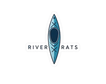 May include: A blue kayak with a white outline and a white "River Rats" text on either side of the kayak.