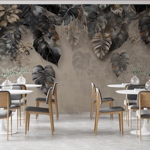 Dark Botanical Wallpaper - Luxury Tropical Wall Mural for Modern Home Peel & Stick or Traditional Custom Size Metallic Leaves Wallcovering