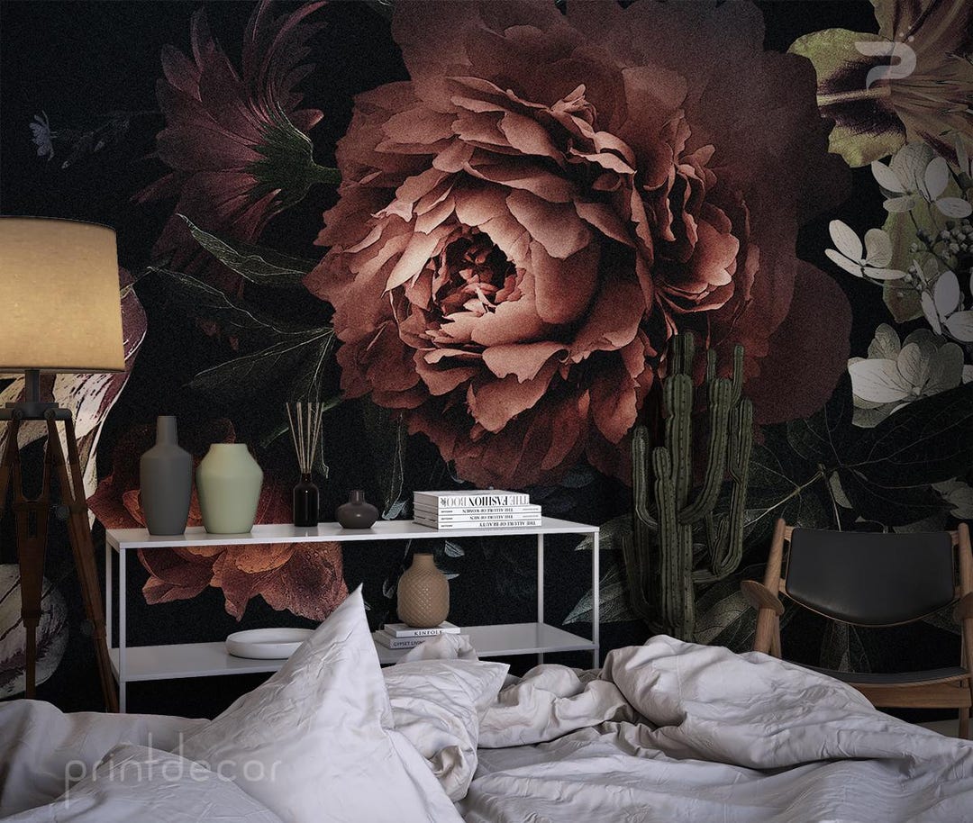 Dark Floral Wallpaper - Peony Wall Mural for Modern Home Peel & Stick ...