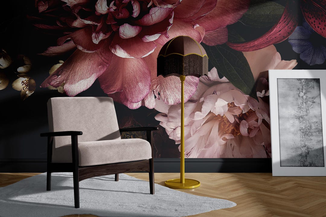 Dark Peonies Wallpaper - Floral Wall Mural for Modern Home Peel & Stick ...
