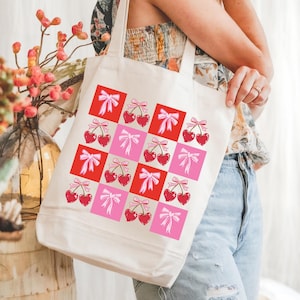 Cherry Tote Bag, Checkered Cherry Tote Bag, Coquette Tote Bag, Pink Bow Bag, Cherry Bag Soft Girl Aesthetic Cherries Bag Gifts