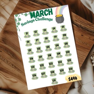 May include: A printable March savings challenge chart with a green leprechaun hat design. The chart has 31 circles with dollar amounts from $1 to $31. The total savings amount is $496.