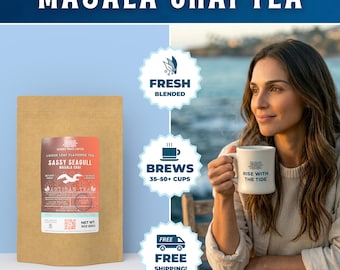 May include: A brown paper bag of Sassy Seagull Masala Chai tea with the text "Masala Chai Tea" at the top. The bag has a label with the text "Loose Leaf Flavored Tea" and "Artisan Tea". A woman holds a mug that says "Rise with the Tide".