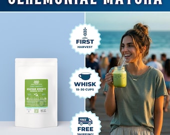 May include: A white pouch of Seafoam Serenity Ceremonial Matcha tea with a green label. The label text reads First Harvest, Ceremonial Matcha, and Net Wt. 1oz (28g). Three circular icons indicate First Harvest, Whisk 15-30 Cups, and Free Shipping.