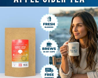 May include: A brown paper bag of Sunset Spice Apple Cider tea with a red and orange label. The text "Apple Cider Tea" is at the top. A woman holds a mug that says "Rise with the Tide". The image also includes text that says "Fresh Blended" and "Brews 35-50+ Cups".